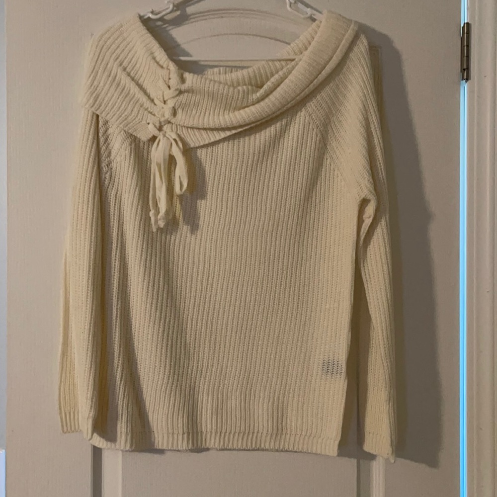 Lace up neck Off shoulder tunic sweater